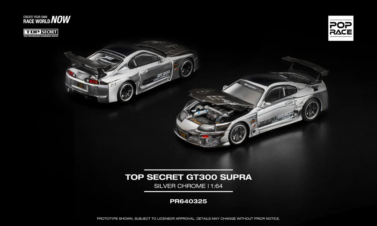 POP RACE TOP SECRET GT300 SUPRA – SILVER CHROME - Pop Race diecast model view 2