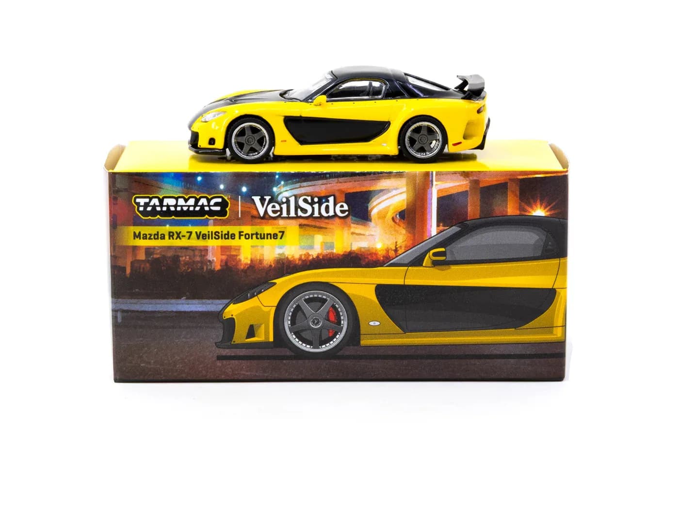 Mazda RX-7 VeilSide Fortune7 Yellow / Black - Tarmac Works GLOBAL64 - Tarmac Works diecast model view 3