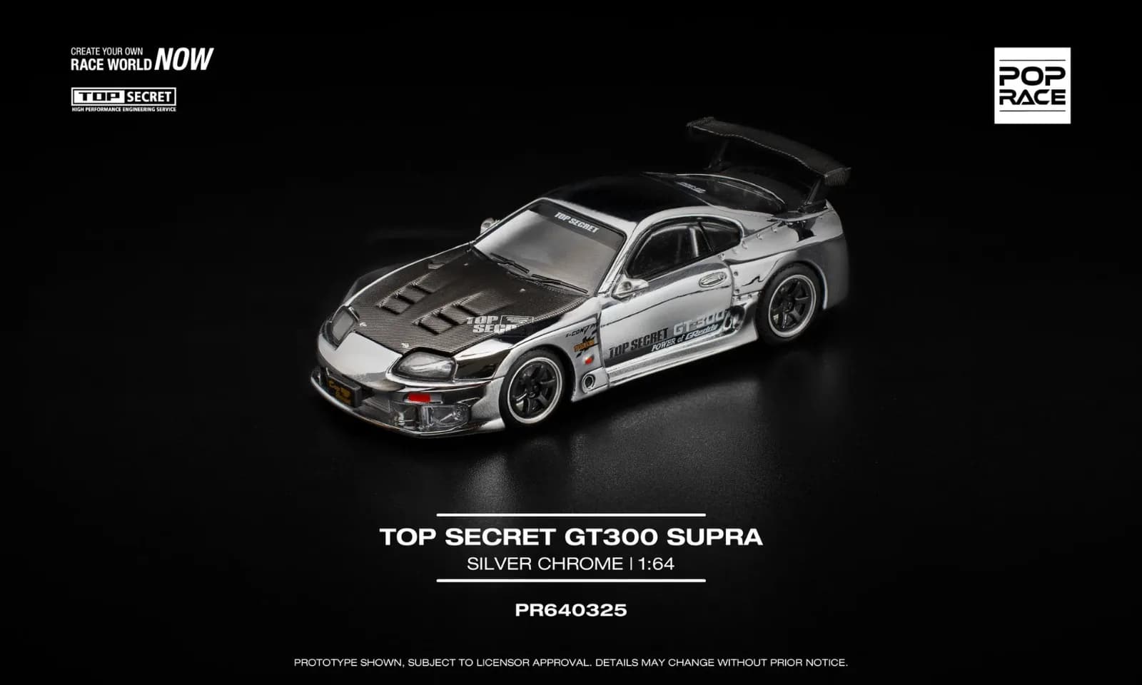 POP RACE TOP SECRET GT300 SUPRA – SILVER CHROME - Pop Race 1/64 Scale Diecast Model