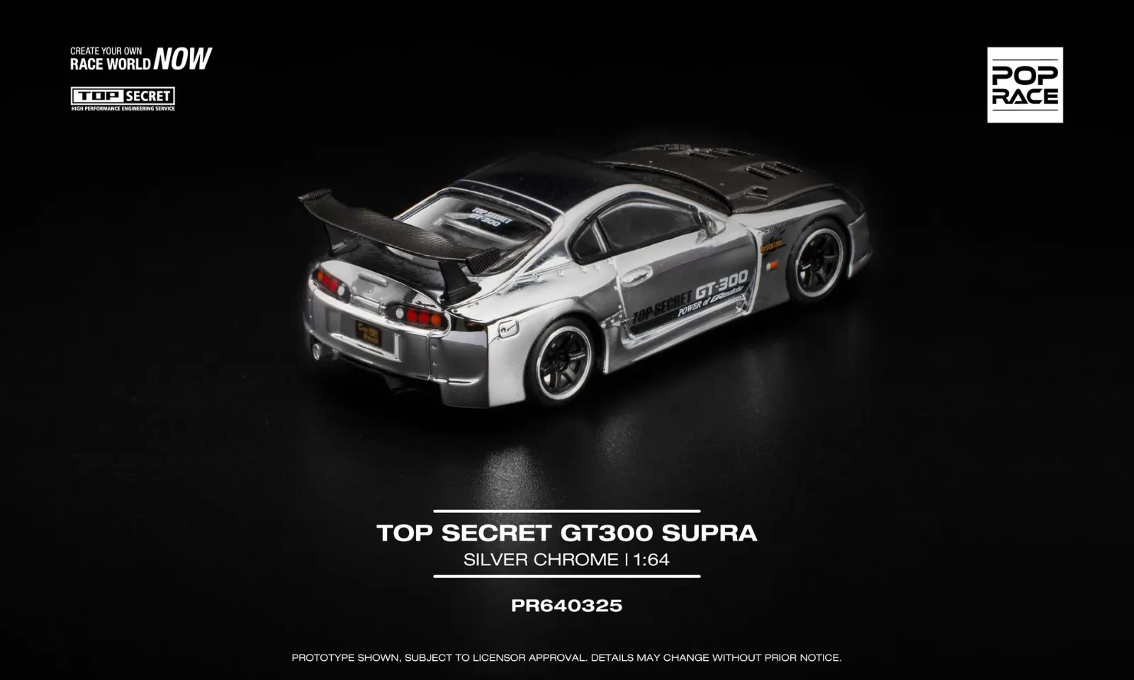 POP RACE TOP SECRET GT300 SUPRA – SILVER CHROME - Pop Race diecast model view 3